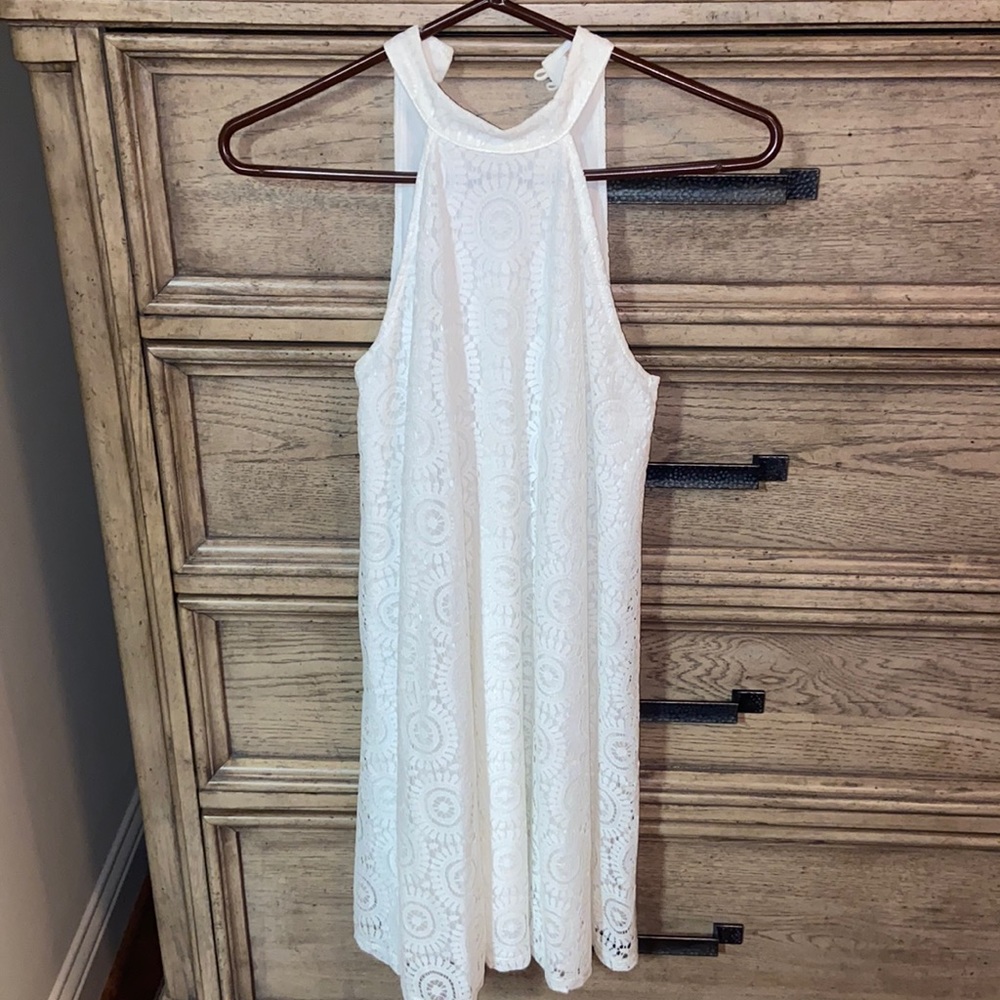 White lace high neck short dress